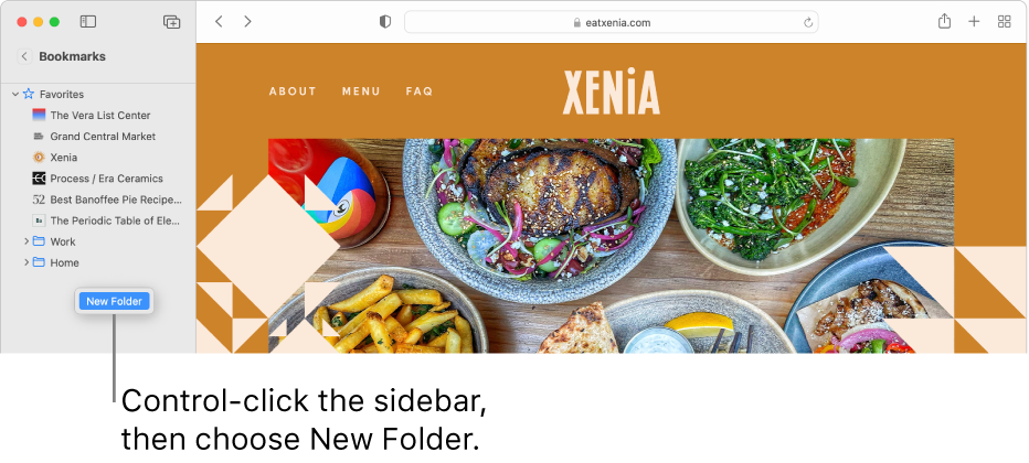 A Safari window showing bookmarks in the sidebar; one bookmark is selected for editing