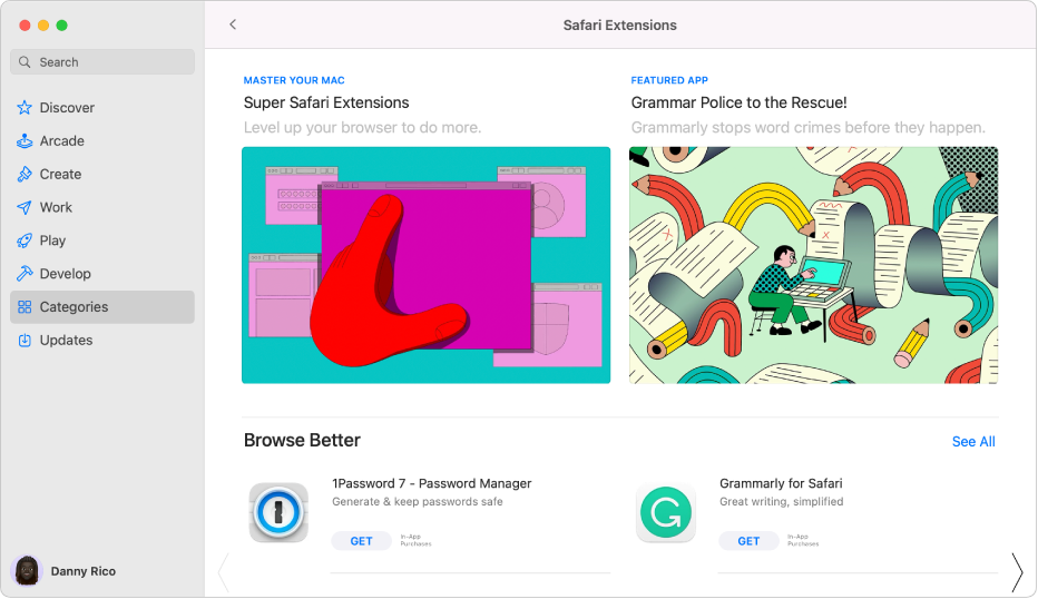 Mac App Storeのメインページ。左側のサイドバーには、「Arcade」や「創作する」など、ストアのさまざまなエリアへのリンクが表示されており、「カテゴリ」が選択されています。右側にはSafari機能拡張カテゴリがあります。