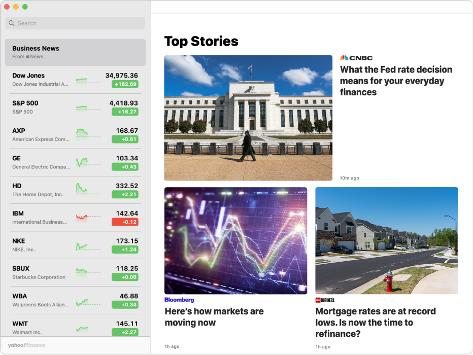 A Stocks window showing a news article.