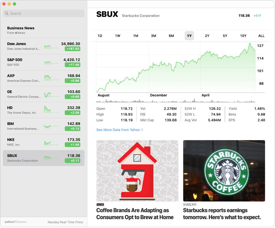 A Stocks window, showing the watchlist on the left, a chart in the upper right, and news headlines in the lower right.