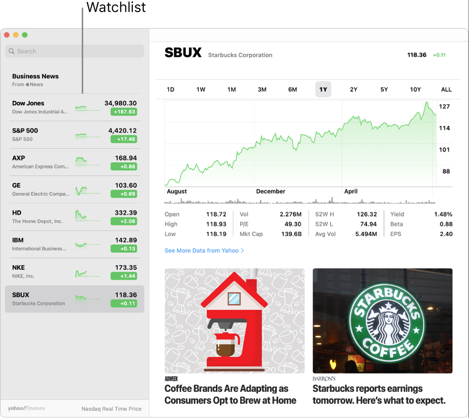 A Stocks window showing the watchlist on the left with one ticker symbol selected, and the corresponding chart and news feed in the right pane.