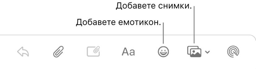 Прозорец за създаване на електронно съобщение, показващ бутоните за емотикони и снимки.