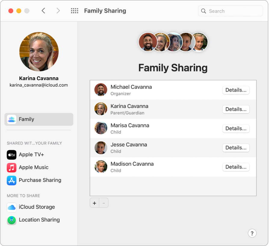 Порозорец с параметри, който показва настройки за Family Sharing (Семейно споделяне).