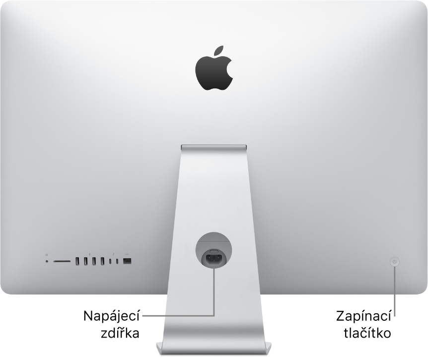 Pohled na zadní stranu iMacu s napájecím kabelem a zapínacím tlačítkem.