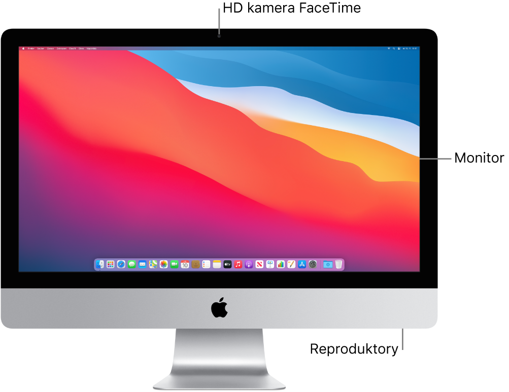 Přední strana iMacu – na obrázku je vidět displej, kamera a reproduktory