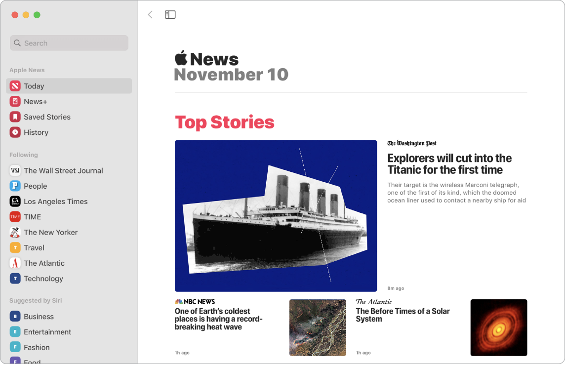 Okno aplikace News se seznamem sledování a zobrazením Top Stories