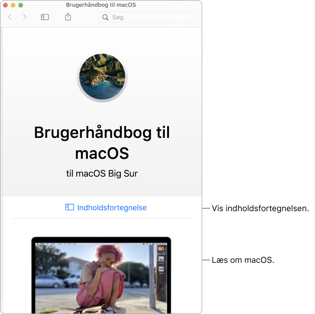 Velkomstsiden i Brugerhåndbog til macOS, der viser linket Indholdsfortegnelse.