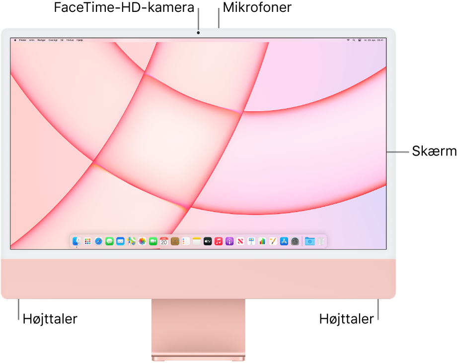 Forsiden af iMac med skærmen, kameraet, mikrofonerne og højttalerne.