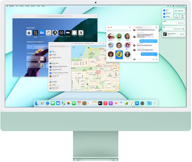 Skrivebordet på en iMac med Kontrolcenter og flere åbne programmer.