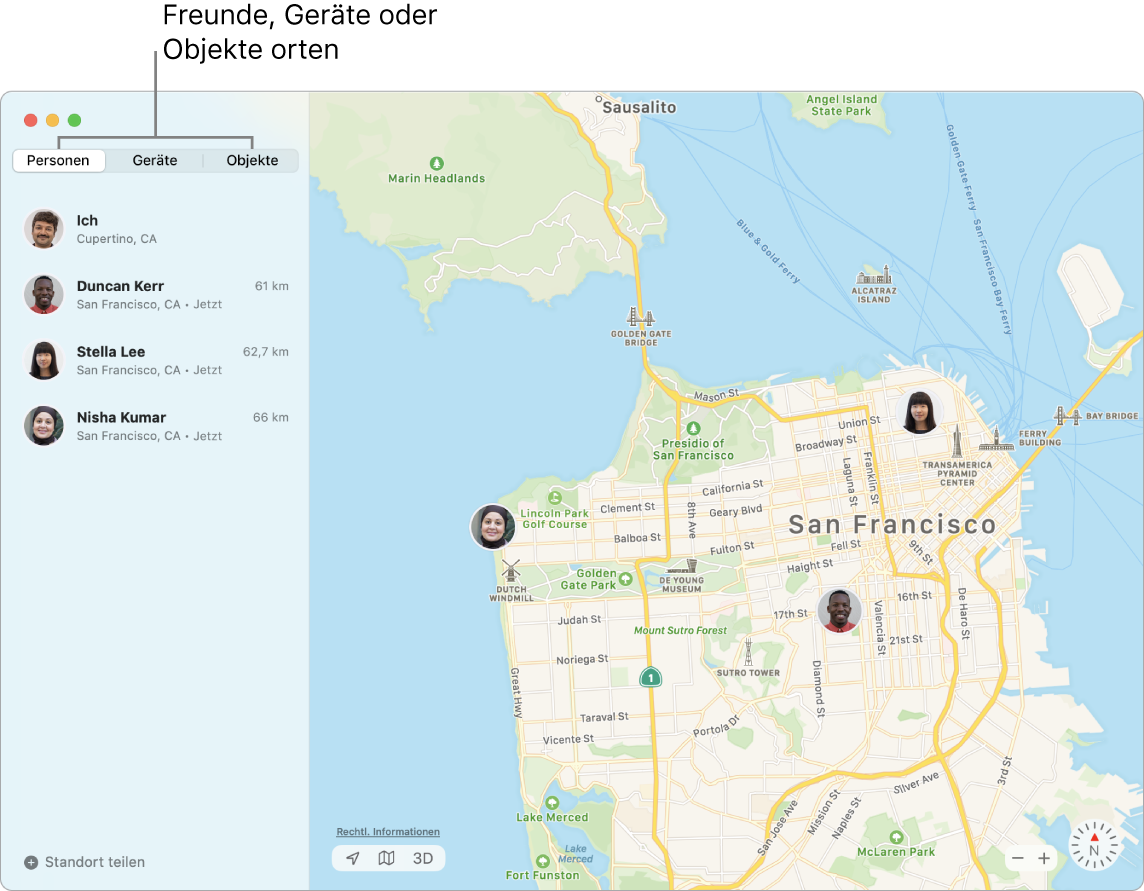 Links ist der Tab „Freunde“ ausgewählt und rechts befindet sich eine Karte von San Francisco mit den Standorten von drei Freunden.
