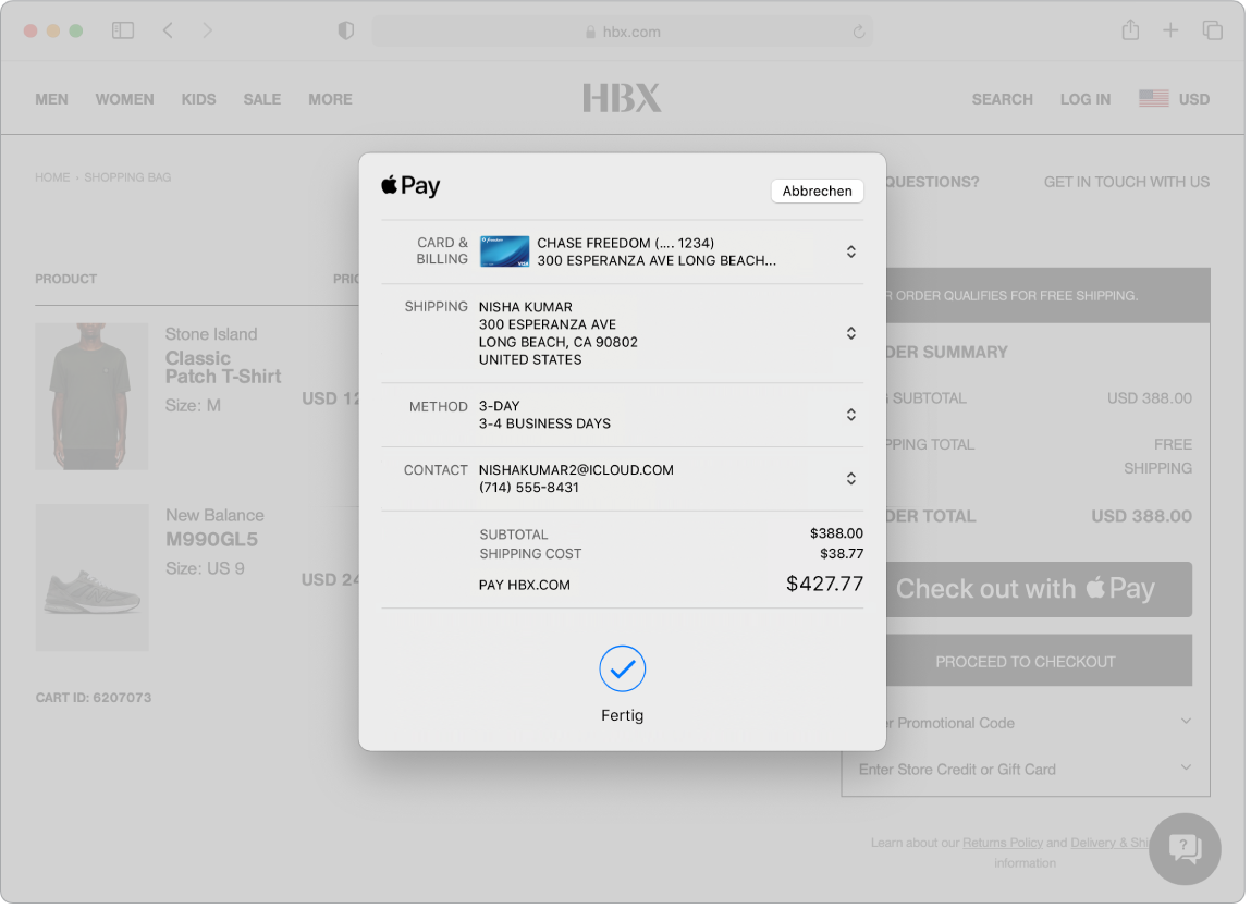Ein Mac-Bildschirm mit einem mit der Option „Apple Pay“ getätigten Online-Kauf in Safari
