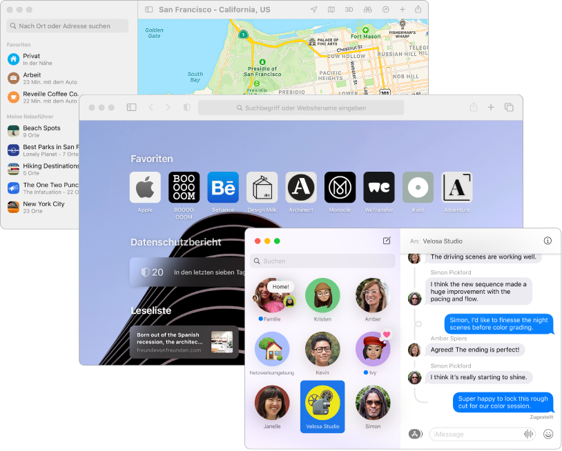 Sich überlappende Bildschirme der Apps „Karten“, „Safari“ und „Nachrichten“.