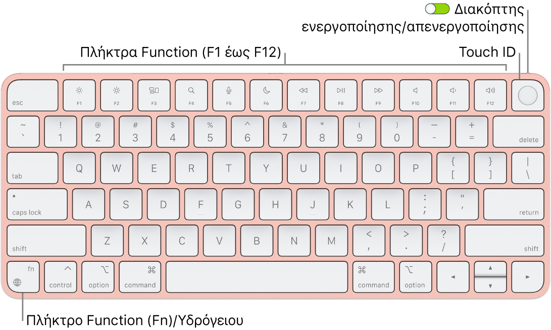 Το Magic Keyboard με Touch ID όπου φαίνονται η σειρά πλήκτρων λειτουργιών και το Touch ID στο πάνω μέρος και το πλήκτρο Function (Fn)/Υδρογείου στην κάτω αριστερή γωνία.