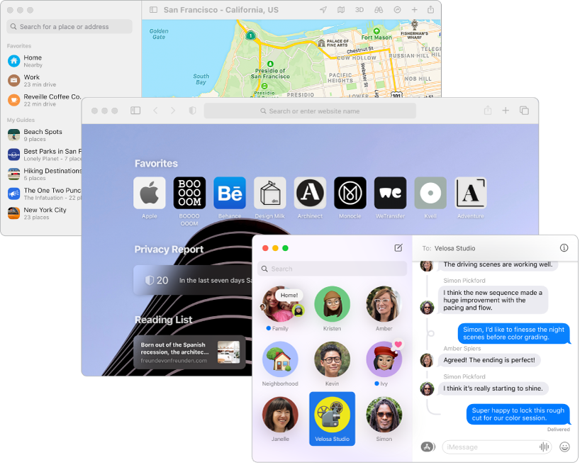 Overlapping screens of the Maps, Safari, and Messages apps.