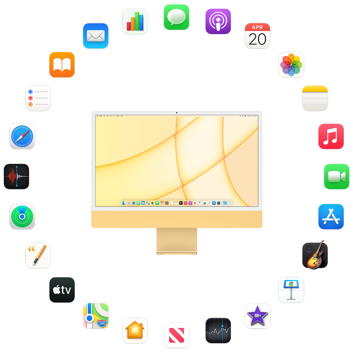 An iMac surrounded by the icons for the built-in apps described in the following sections.