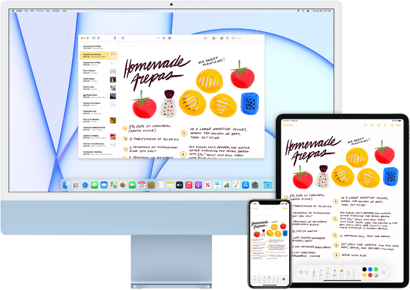 A shopping list in the Notes app shown on the iMac, iPhone, and iPad.
