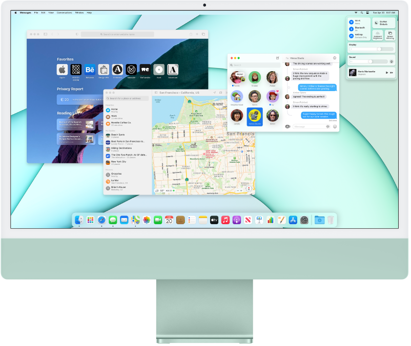 An iMac desktop showing Control Center and several open apps.