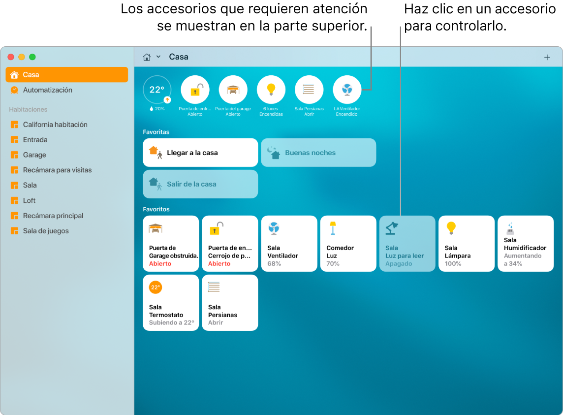 La app Casa mostrando las ambientaciones y los accesorios favoritos.