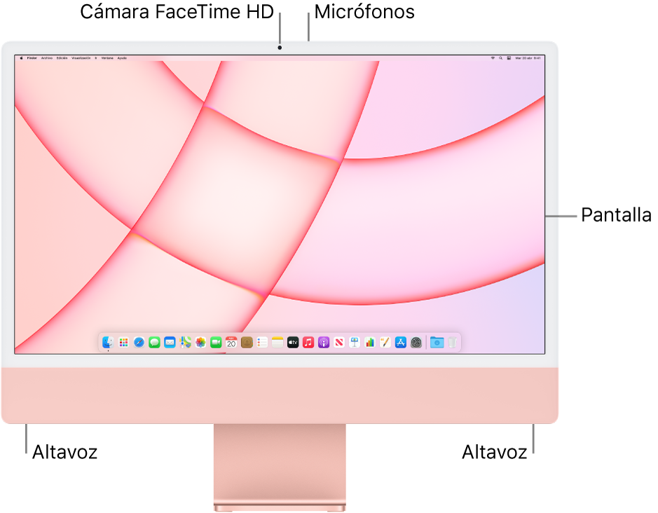 Vista delantera del iMac con la pantalla, la cámara, los micrófonos y los altavoces.
