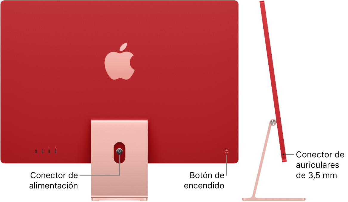 Vista trasera de un iMac donde se muestra el conector de alimentación y el botón de arranque. Al lado, hay una vista lateral que muestra el conector para auriculares.