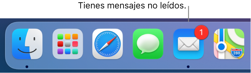 Sección del Dock donde se muestra el icono de la app Mail con un indicador que señala los mensajes no leídos.