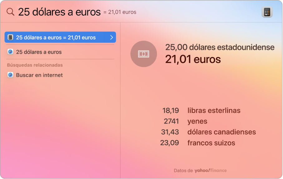 Una captura de pantalla con dólares convertidos en pesos con un mejor resultado que muestra la conversión y varios resultados que puedes seleccionar.