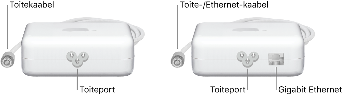 Üks toiteadapter ilma Etherneti pordita ja teine toiteadapter Etherneti pordiga.