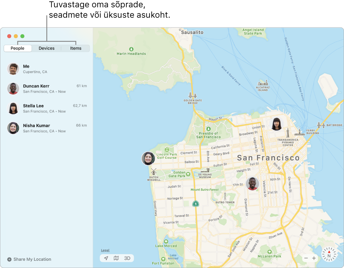 Vasakul on valitud vahekaart People ja paremal on San Francisco kaart kolme sõbra asukohaga.