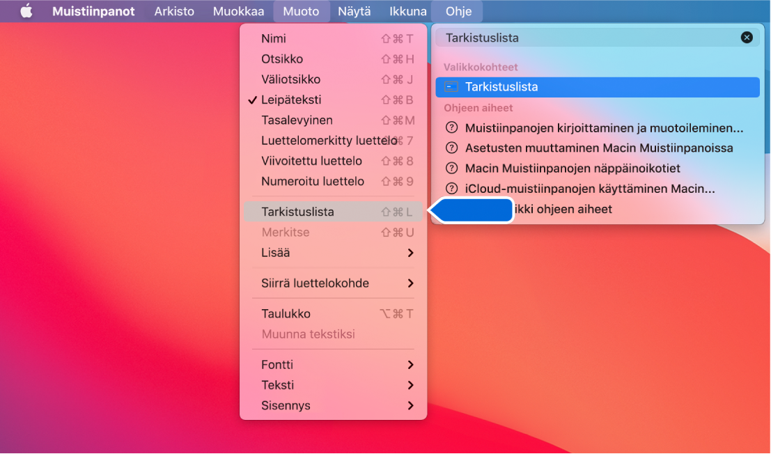 Ohje-valikko, jossa näkyy ”luettelo”-haku ja Luettelomerkitty luettelo -komento korostettuna tulosluettelossa ja Muoto-valikossa.