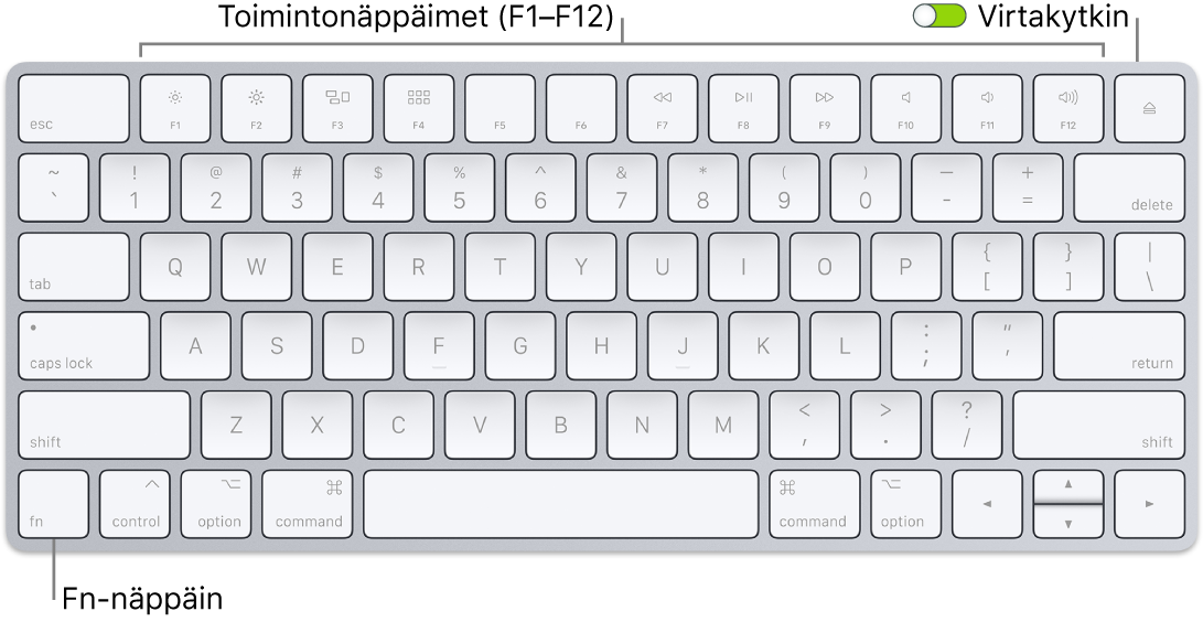 Magic Keyboard, jossa näkyy fn-näppäin näppäimistön vasemmassa alakulmassa ja päällä/pois-kytkin oikeassa yläkulmassa.