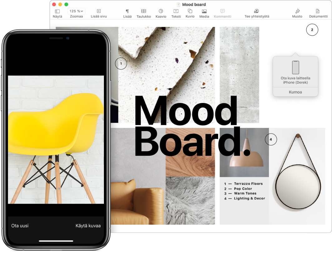 iPhone, jossa näkyy kuva, ja Macin näyttö, jossa näkyy Pages-dokumentti ja kehotelaatikko, johon kuva sijoitetaan.