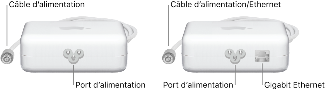 Un adaptateur secteur sans port Ethernet et un adaptateur secteur avec un port Ethernet.