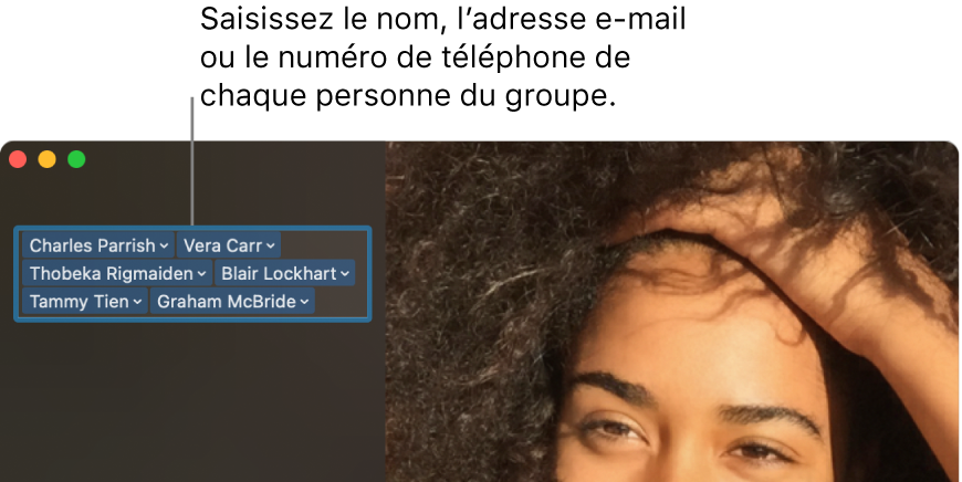 Une fenêtre de FaceTime montrant la fonction d’appel vidéo ou audio, le champ de recherche pour saisir ou rechercher les coordonnées d’un contact, et la liste des derniers appels.