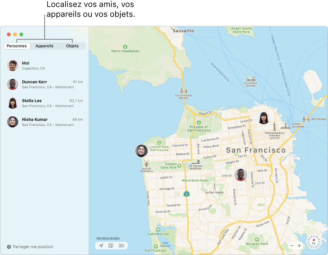 L’onglet Personnes sélectionné sur la gauche et une carte de San Francisco sur la droite avec la position de trois amis.