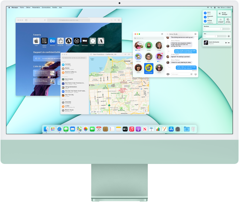 Un bureau d’iMac affichant le centre de contrôle ainsi que plusieurs apps ouvertes.