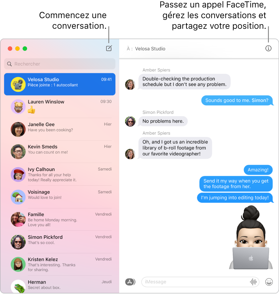 Une fenêtre de Messages montrant comment lancer une conversation et passer un appel FaceTime.