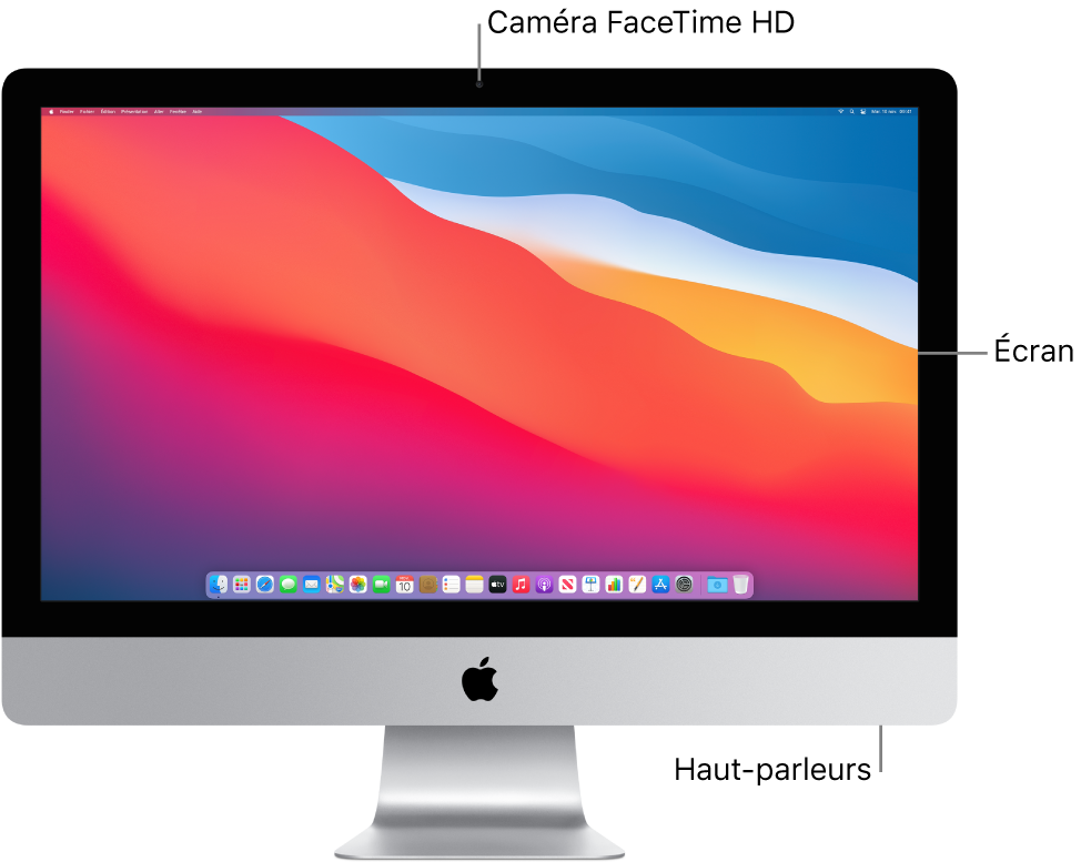 Vue frontale de l’iMac avec l’écran, la caméra et les haut-parleurs.