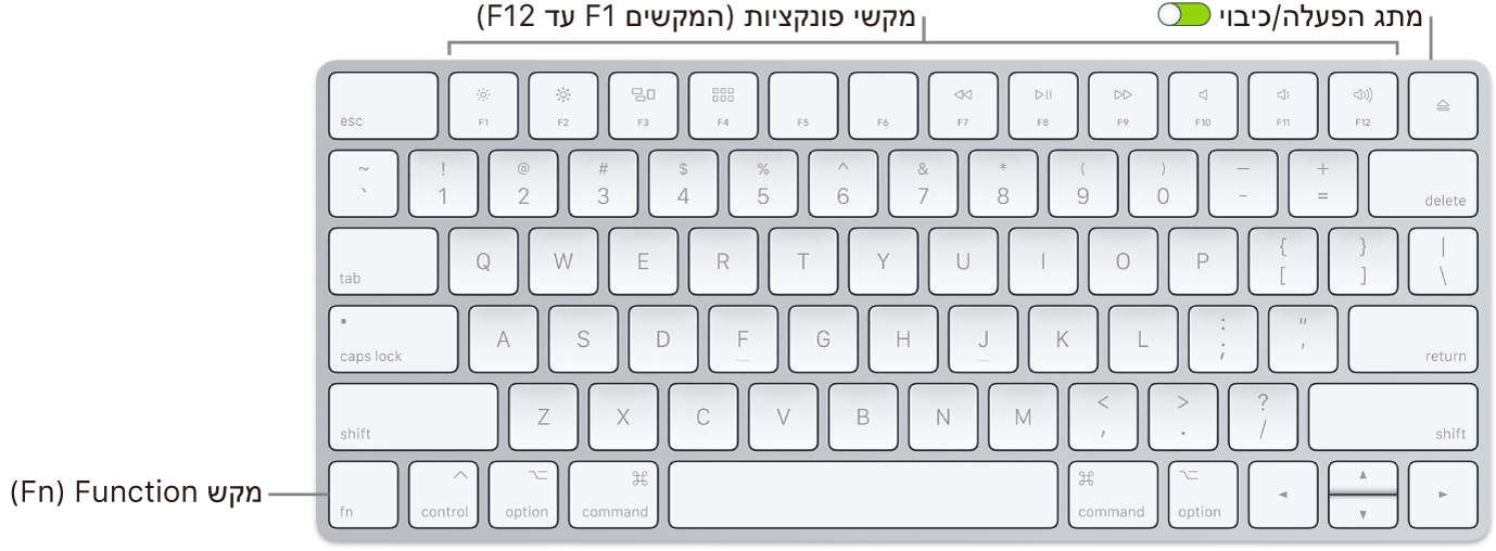 מקלדת Magic Keyboard עם מקש Function ‏(Fn) בפינה השמאלית התחתונה ומתג פעיל/כבוי בפינה הימנית העליונה.