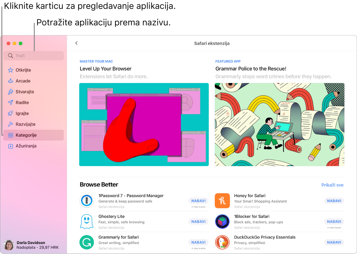 Prozor trgovine App Store prikazuje polje za pretraživanje stranicu Ekstenzija preglednika Safari.