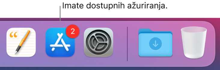 Odjeljak Docka prikazuje App Store ikonu s oznakom koja ukazuje na dostupna ažuriranja.
