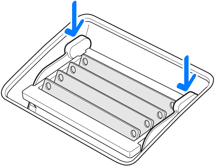 Ilustracija prikazuje način na koji je potrebno pritisnuti poluge držača memorije prema dolje u pretinac za memoriju.