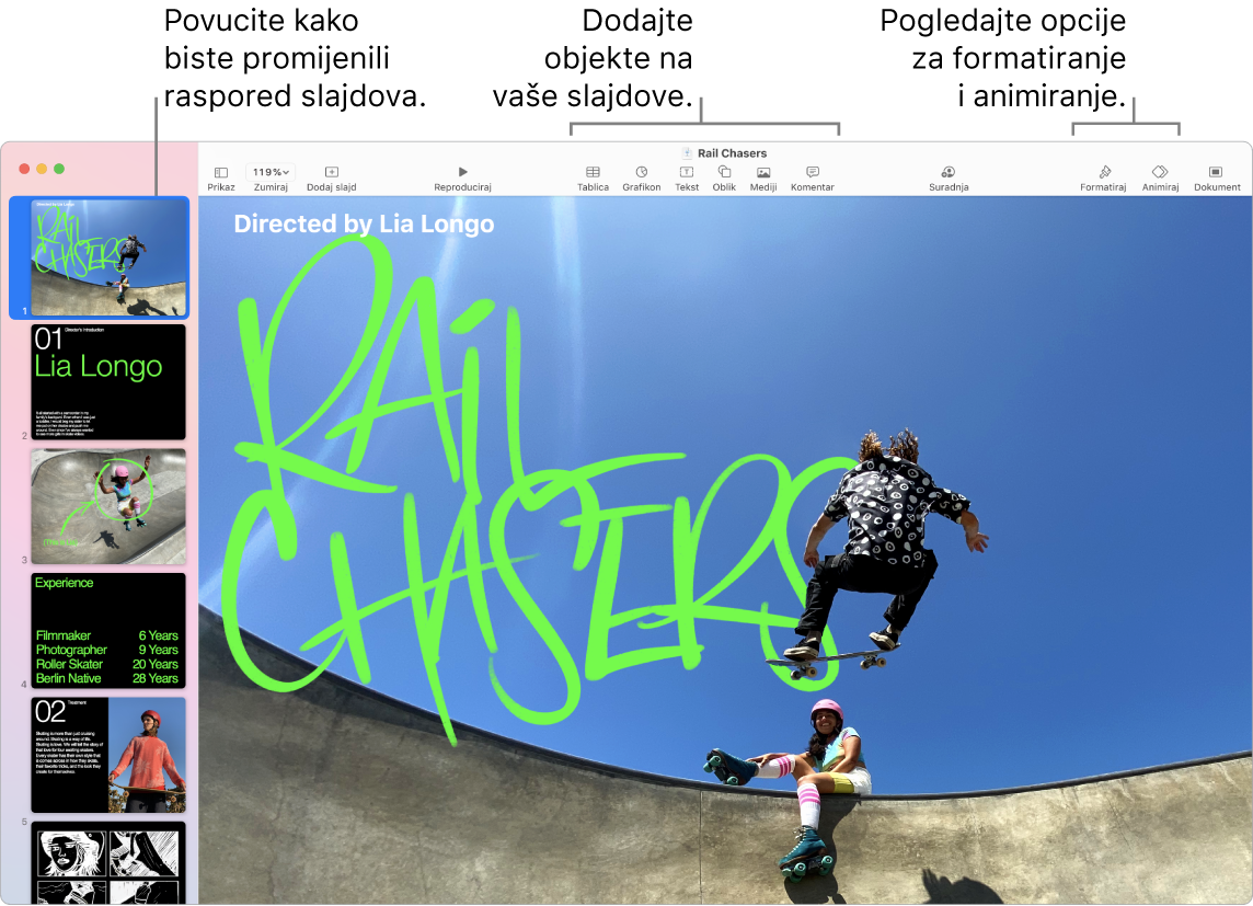 Prozor aplikacije Keynote s prikazom navigatora za slajdove s lijeve strane i načina preraspoređivanja slajdova, alati za uređivanje na vrhu, tipka za suradnju u blizini gornjeg desnog dijela te tipke Format, Animiraj i Dokument s desne strane.