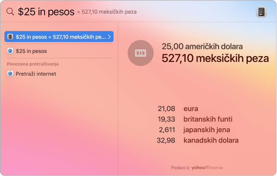 Slika zaslona s prikazom konverzije dolara u pesose s glavnim rezultatom koji prikazuje konverziju i nekoliko drugih rezultata za odabir.