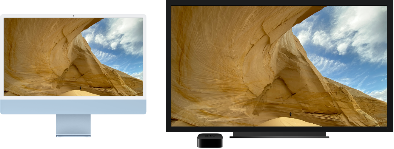 iMac čiji se sadržaj zrcali na velikom HDTV-u pomoću Apple TV-a.