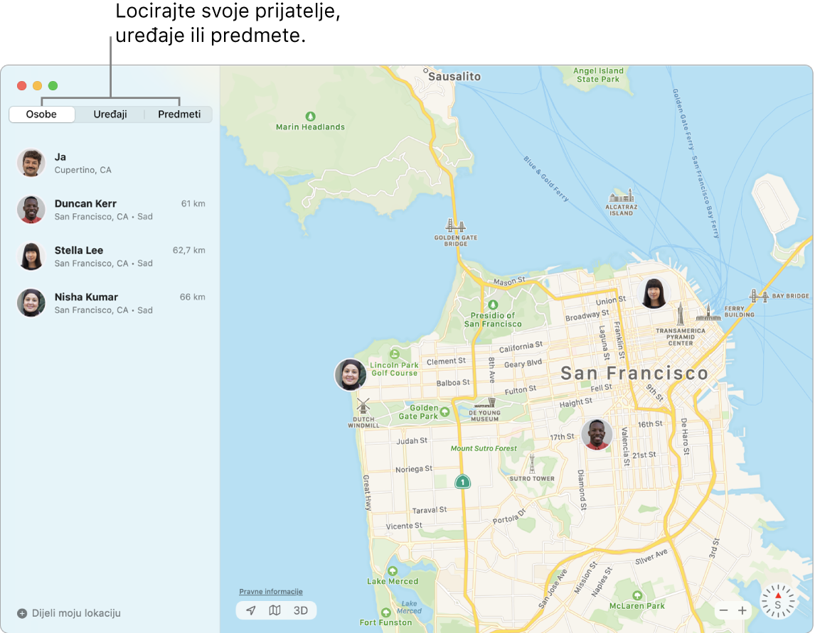 Kartica Osobe odabrana je s lijeve strane i karta San Francisca s desne strane s lokacijama triju prijatelja.