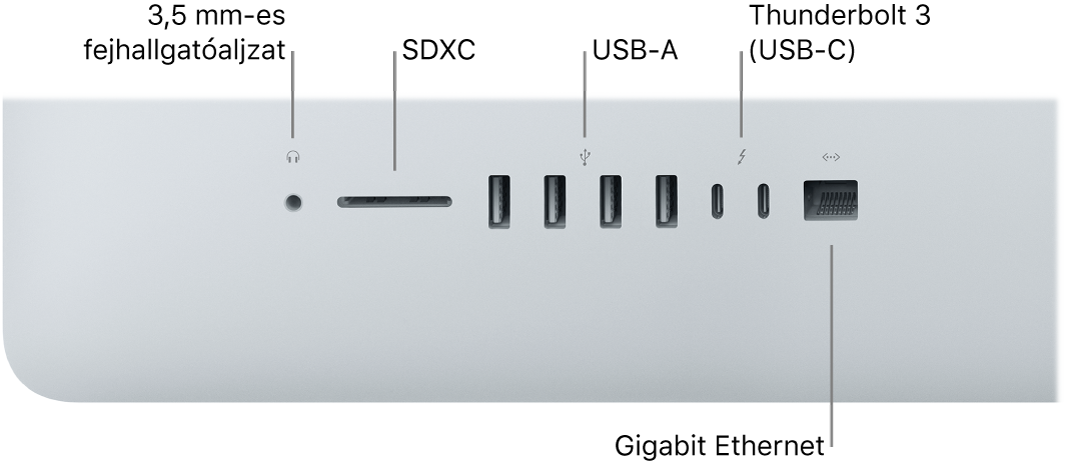 Egy iMac a 3,5 mm-es fejhallgató-csatlakozóval, az SDXC-foglalattal, USB-A-portokkal, Thunderbolt 3 (USB-C) portokkal és a Gigabit Ethernet-porttal.