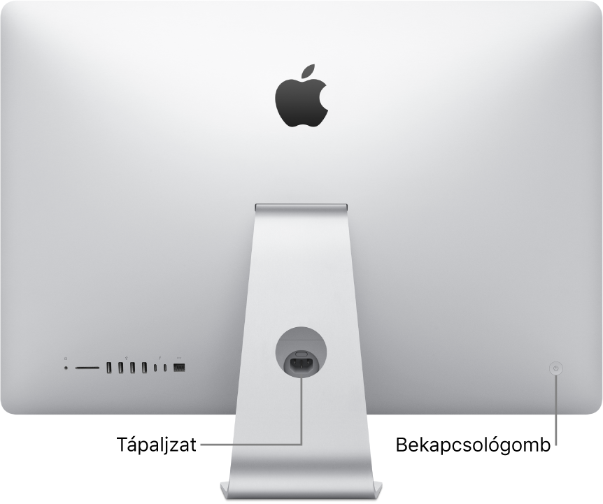 Egy iMac hátsó oldala, amelyen a tápkábel és a bekapcsológomb látható.