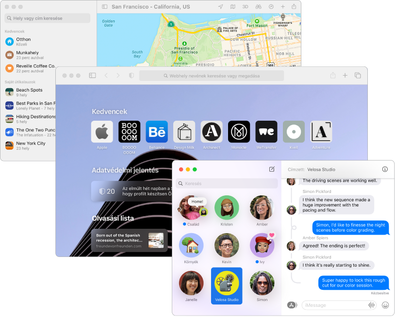 A Térképek, a Safari és az Üzenetek alkalmazások egymást fedő képernyői.