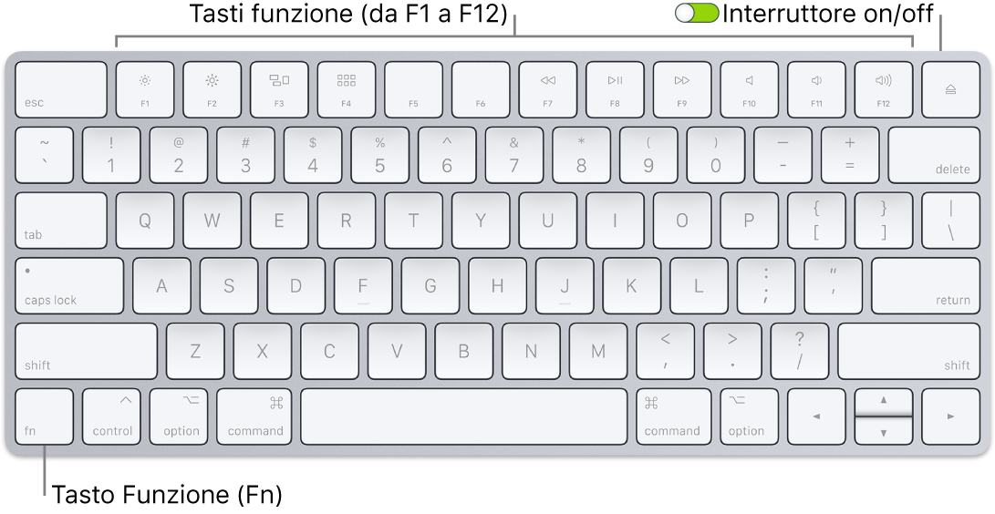 Magic Keyboard con il tasto Funzione (Fn) nell'angolo inferiore sinistro e l'interruttore di alimentazione nell'angolo in alto a destra sulla tastiera.