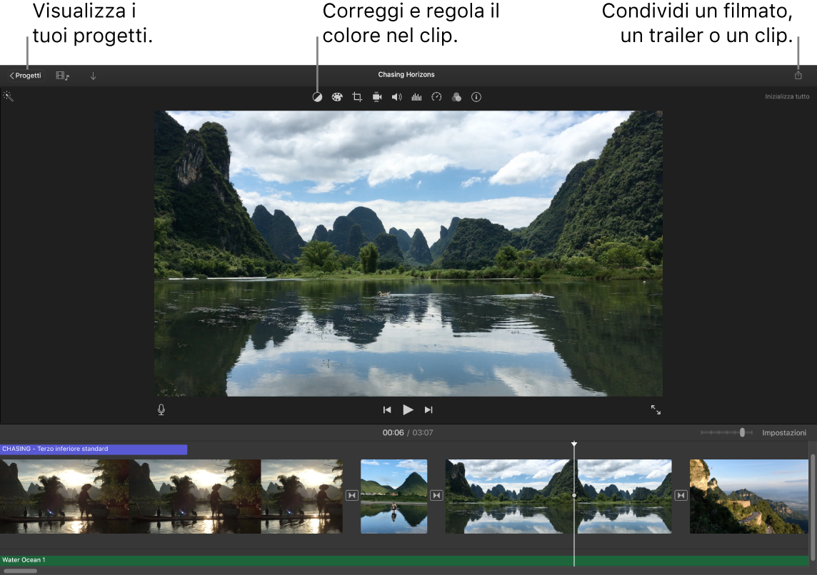 Una finestra di iMovie che mostra i pulsanti per visualizzare i progetti, correggere e regolare i colori e condividere i filmati, i trailer e i clip filmati.